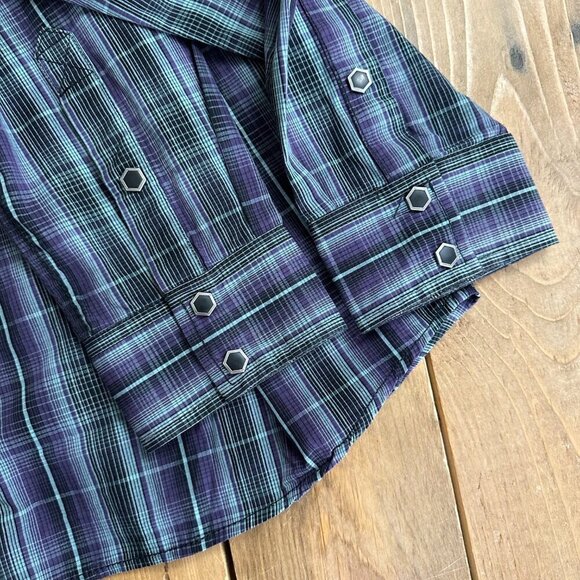 Moon Shine by Brad Paisley Western‎ Shirt  L Purple Blue Plaid Snaps - Picture 7 of 7